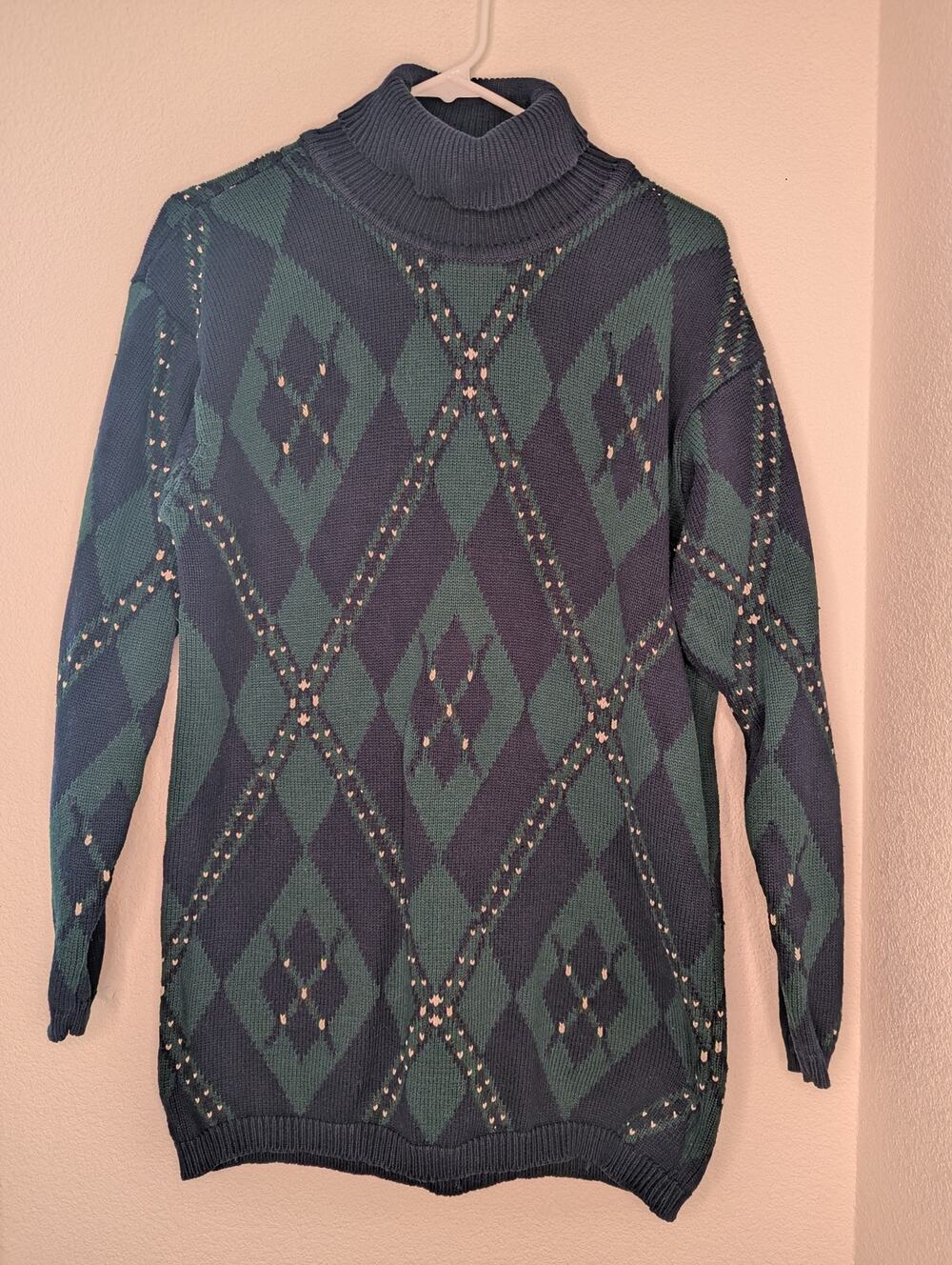 Talbots VTG Womens Oversized Argyle Sweater S Blue Green Cottagecore Ribbed Knit